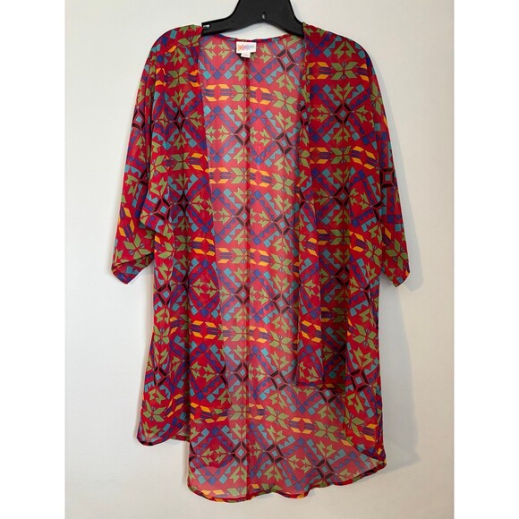 Lularoe Lindsey Red Aztec Print Sheer Short Sleeve Flowy Kimono size small - Picture 1 of 6